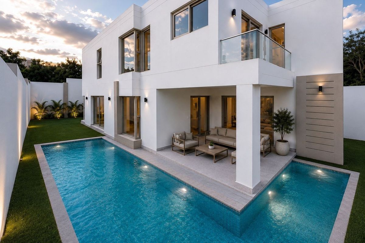 Modern rear exterior featuring a swimming pool, covered patio area, and a second-story balcony with glass railings, set against a landscaped garden.