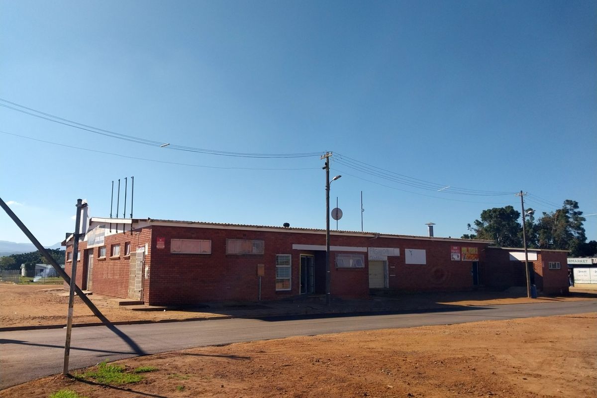 A single-story commercial retail building featuring a face brick exterior, metal roofing, and multiple access points situated along a paved road.