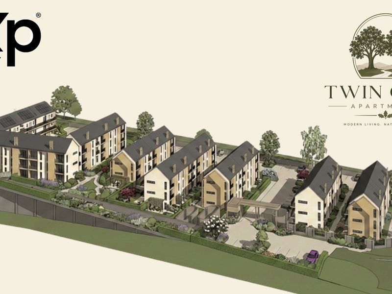An aerial architectural rendering of the Twin Oaks apartment complex, showcasing multiple residential buildings, landscaped grounds, and dedicated parking facilities.