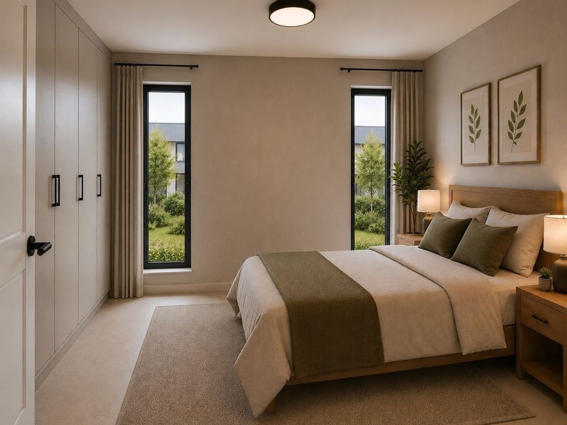 A modern, well-lit bedroom featuring built-in floor-to-ceiling cupboards, neutral finishes, and dual windows overlooking a garden area.
