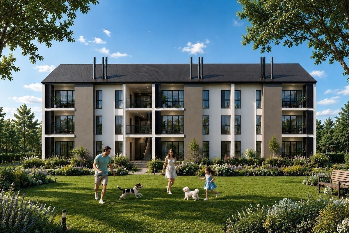 A modern apartment building exterior featuring private balconies, large glass doors, and a well-maintained landscaped garden area.