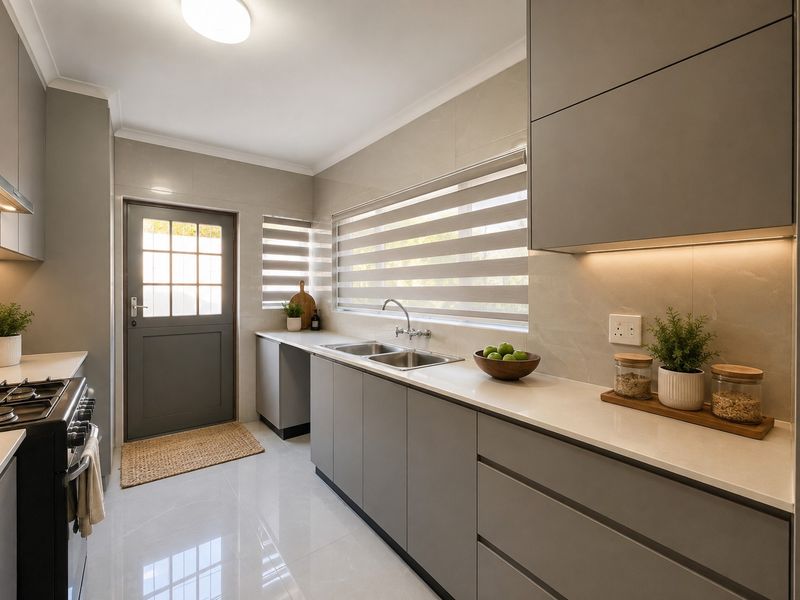 Modern kitchen featuring sleek grey cabinetry, stone countertops, a gas stove, and high-quality tiled flooring with ample natural light.