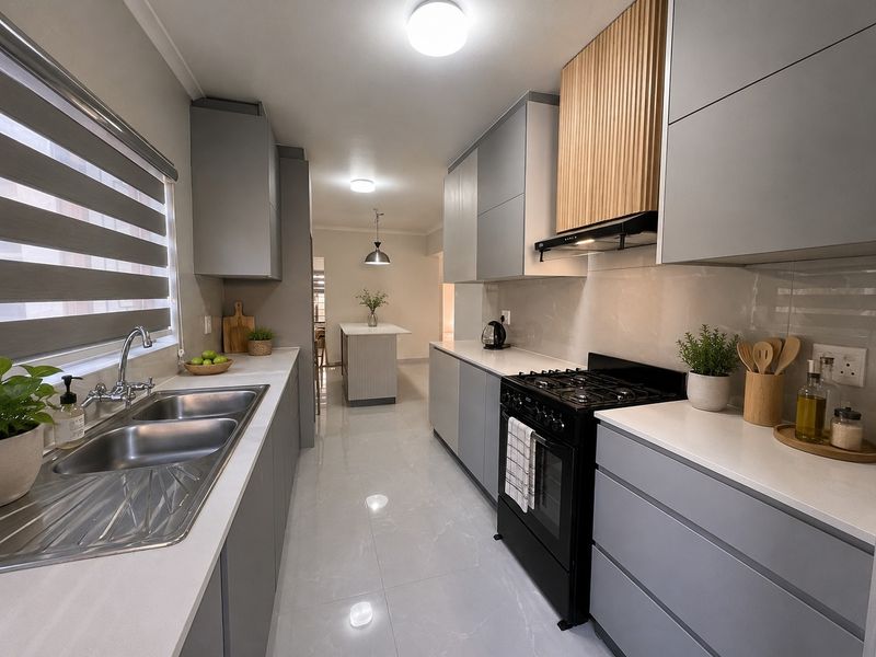 Modern galley-style kitchen featuring grey cabinetry, stone countertops, a gas stove with extractor fan, and a double bowl stainless steel sink.