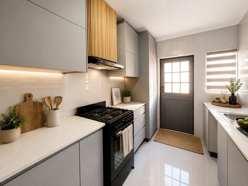 Modern kitchen featuring sleek grey cabinetry, stone countertops, gas stove, integrated extractor fan, and high-quality tiled finishes with direct access to the exterior.
