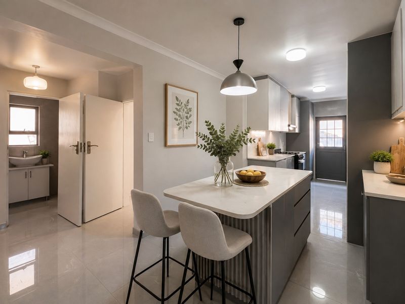 Modern open-plan kitchen featuring a central island with stone countertops, sleek cabinetry, and high-quality finishes, seamlessly flowing into the adjacent living and utility areas.