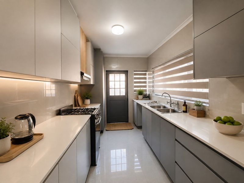 Modern galley kitchen featuring sleek handleless cabinetry, quartz countertops, gas stove, and high-quality finishes with ample natural light.