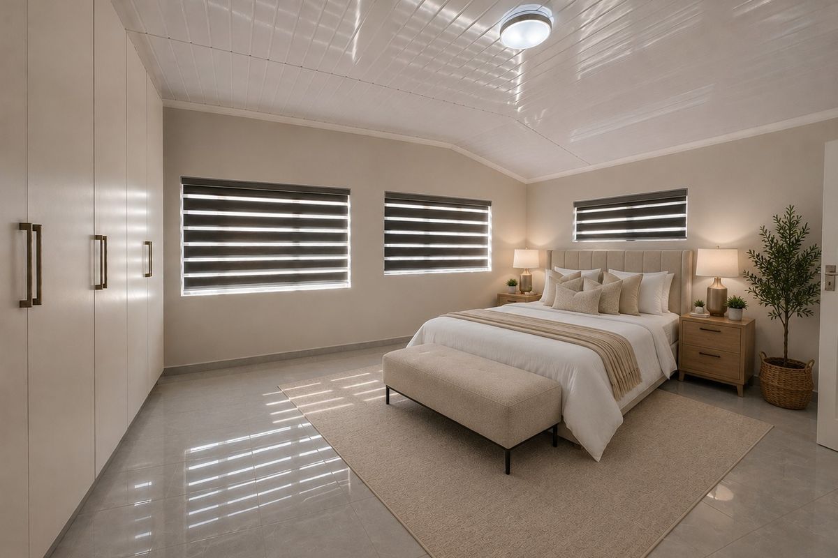 A well-maintained bedroom featuring neutral tones, tiled flooring, built-in cupboards, and modern roller blinds, creating a bright and comfortable living space.