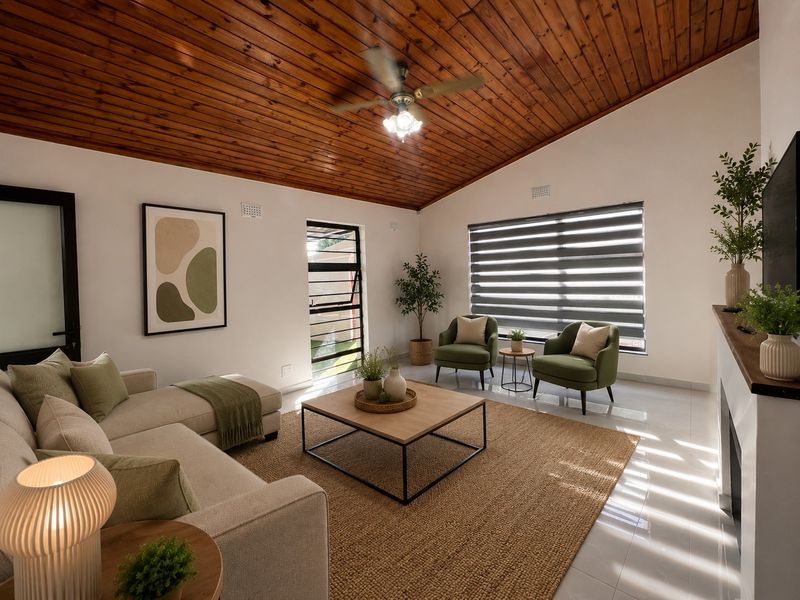 A bright living room featuring a vaulted timber ceiling, tiled flooring, and large windows with roller blinds, creating a warm and inviting atmosphere.