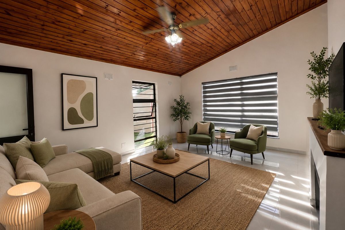 A bright living room featuring a vaulted timber ceiling, tiled flooring, and large windows with roller blinds, creating a warm and inviting atmosphere.