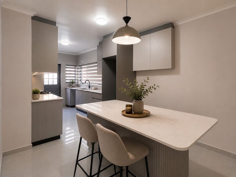 A modern, well-appointed kitchen featuring sleek cabinetry, quartz countertops, a central island, and high-quality finishes throughout.