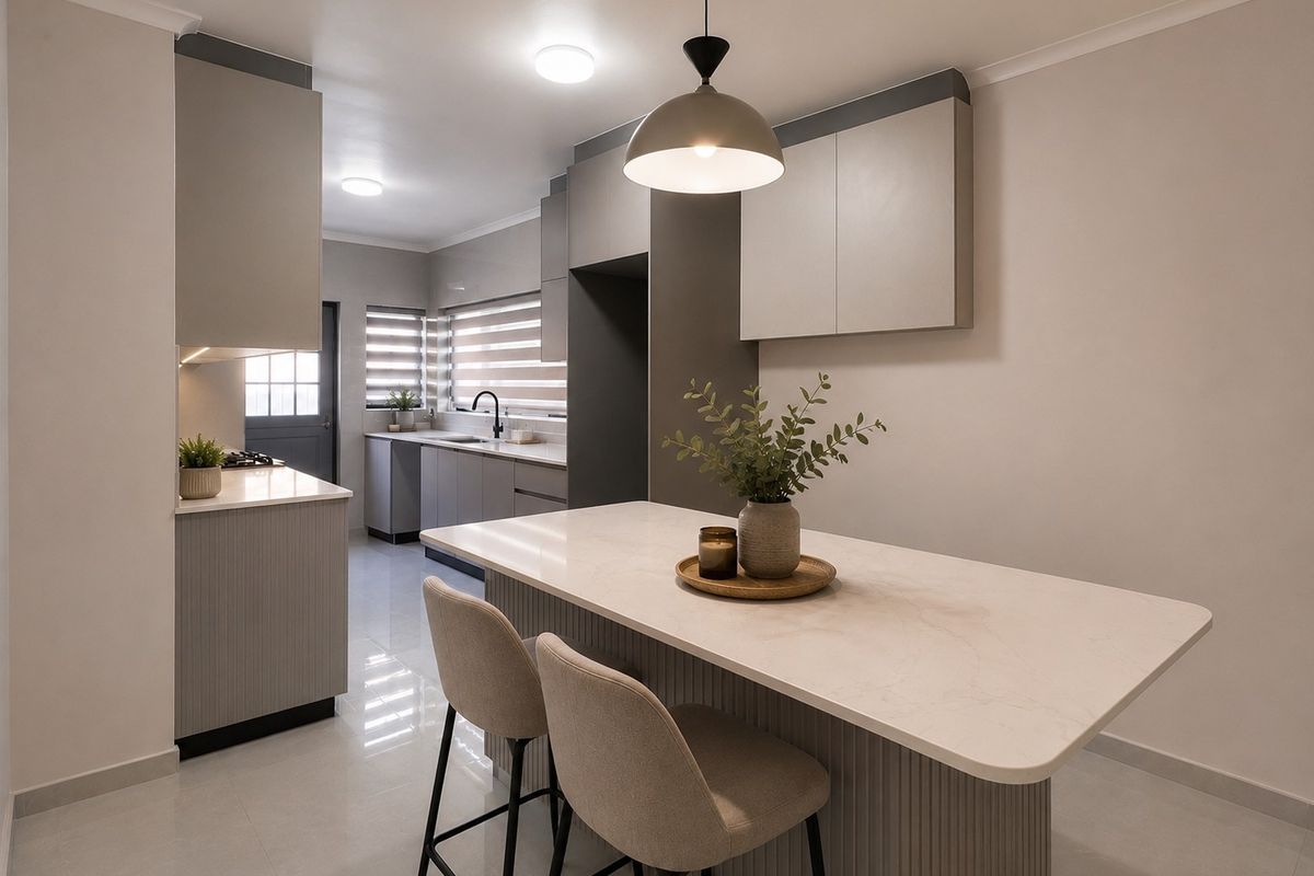 A modern, well-appointed kitchen featuring sleek cabinetry, quartz countertops, a central island, and high-quality finishes throughout.