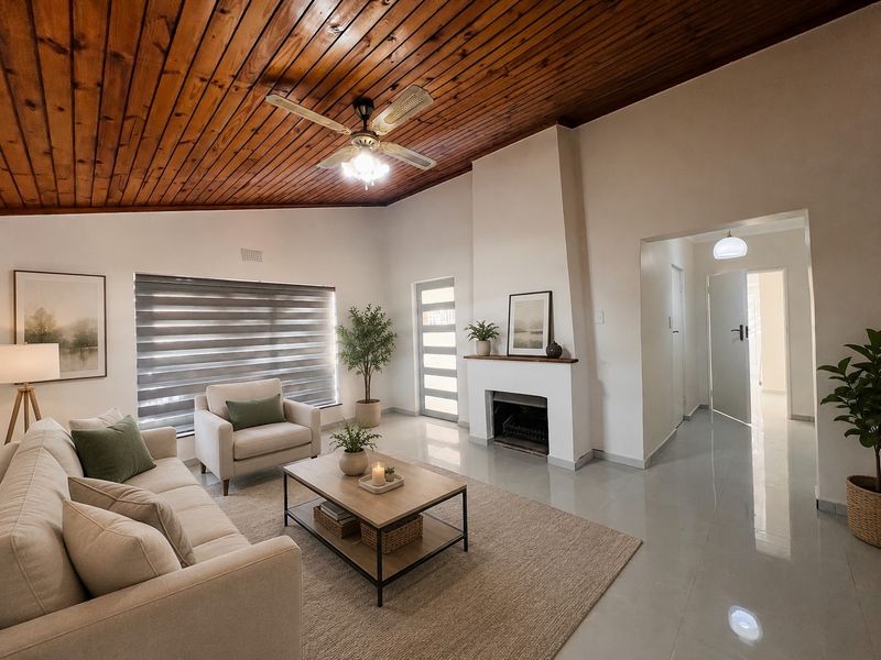 Spacious living room featuring a vaulted timber-clad ceiling, built-in fireplace, and neutral tiled flooring, creating a warm and inviting atmosphere.