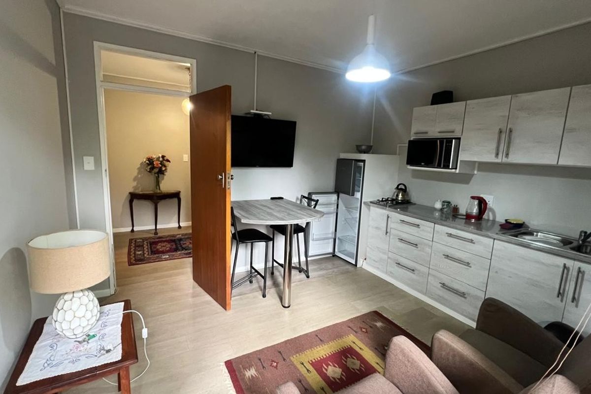 Compact open-plan living area featuring a functional kitchenette with built-in cabinetry, gas hob, and integrated microwave, seamlessly connected to the living space.