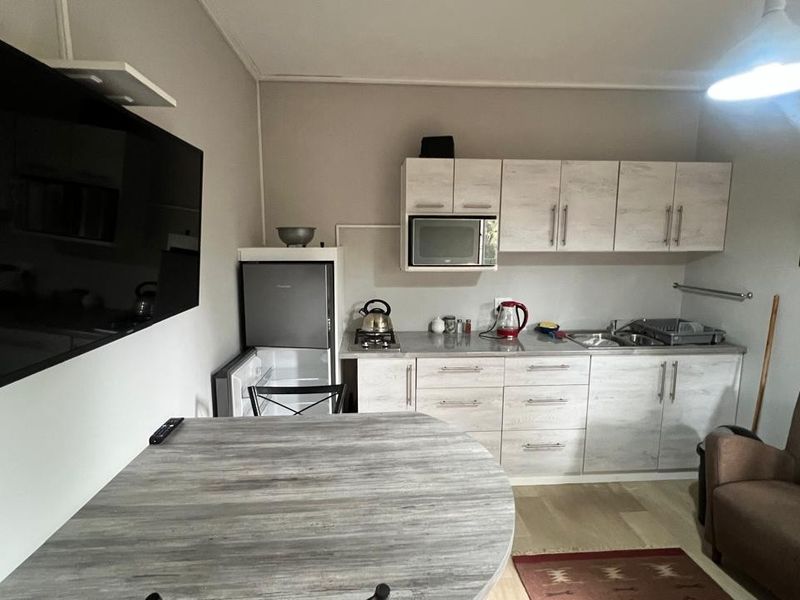 Compact open-plan living area featuring a functional kitchenette with built-in cabinetry, integrated microwave, and hob, finished with light-toned laminate flooring.