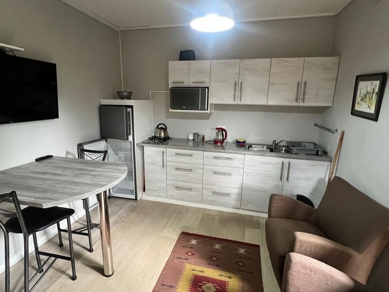 Compact open-plan kitchen and living area featuring light wood-grain cabinetry, laminate countertops, and durable flooring, suitable for efficient small-space living.