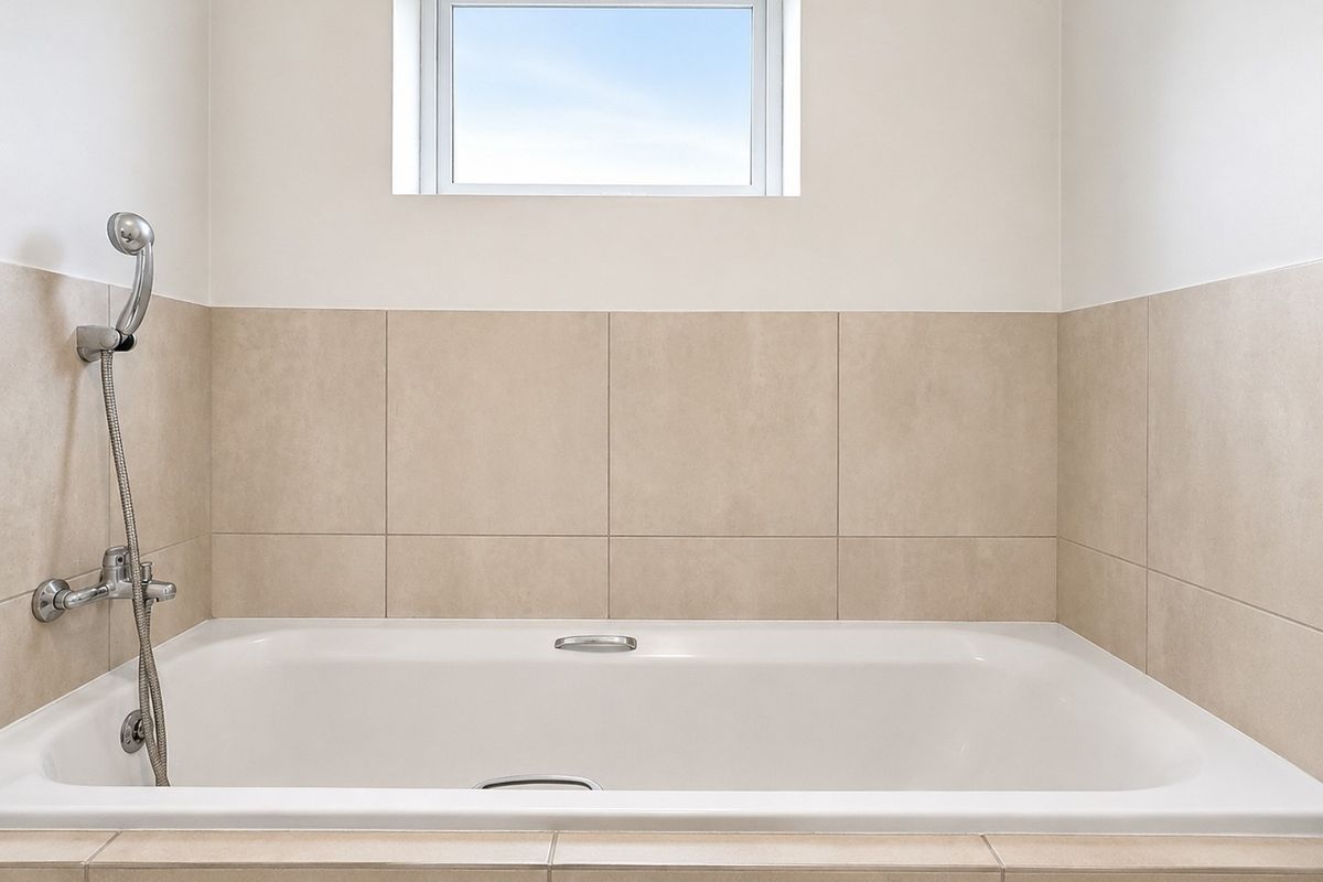 A clean, modern bathroom featuring a built-in bathtub with a handheld shower fixture and neutral wall tiling.