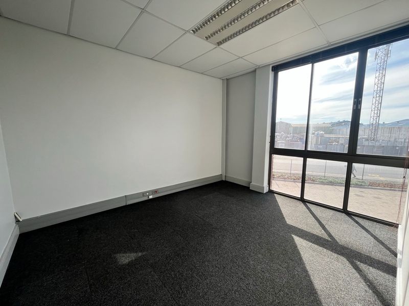A bright, empty office space featuring carpeted flooring, suspended ceilings with recessed lighting, and large windows providing natural light.