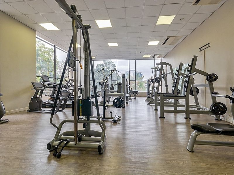 A well-maintained apartment complex gym featuring floor-to-ceiling windows, laminate flooring, and a suspended ceiling with recessed lighting.