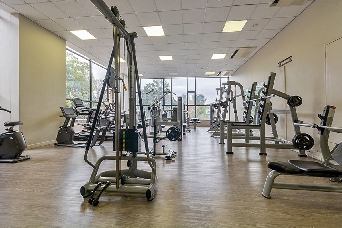 A well-maintained apartment complex gym featuring floor-to-ceiling windows, laminate flooring, and a suspended ceiling with recessed lighting.