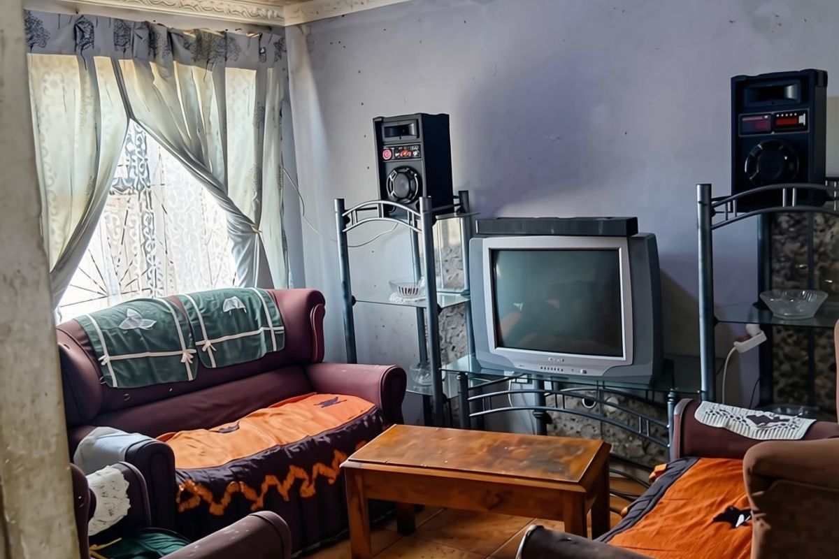 A living room featuring decorative ceiling tiles, ceramic floor tiling, and wall surfaces in need of maintenance and repainting.