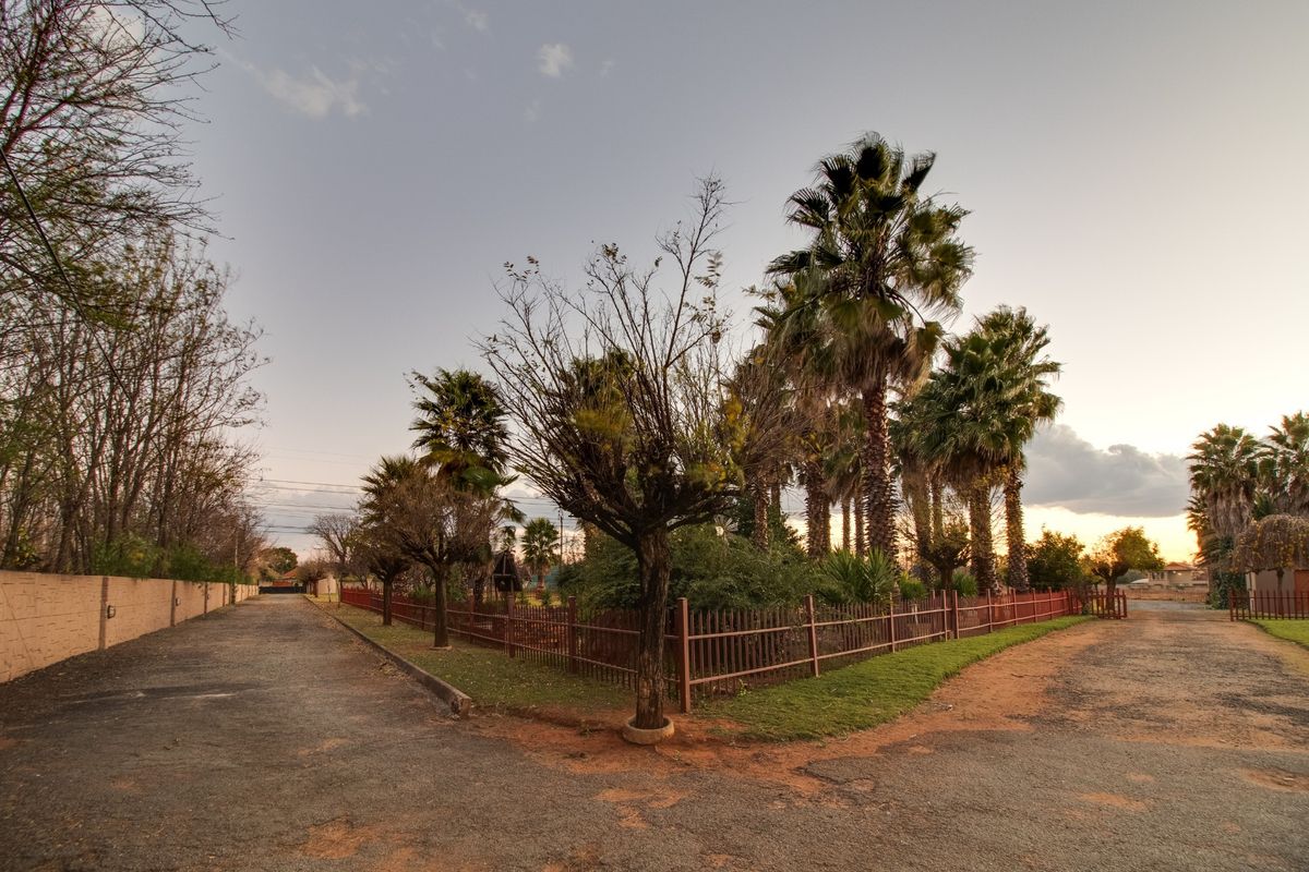 Exterior view of the property grounds featuring a gravel and asphalt driveway, perimeter fencing, and mature palm trees.