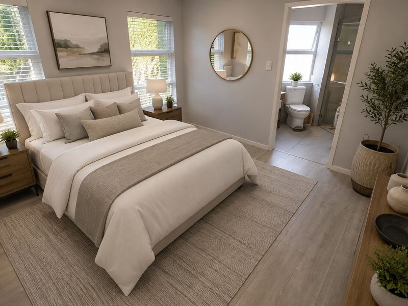 A well-appointed bedroom featuring light laminate flooring, neutral tones, and an adjoining en-suite bathroom with modern fixtures.