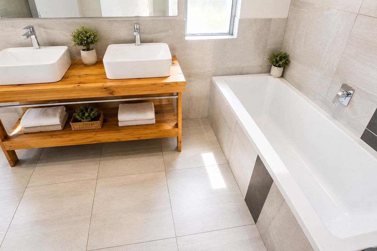 Modern bathroom featuring a double vanity with vessel sinks, a built-in bathtub, and contemporary neutral wall and floor tiling.