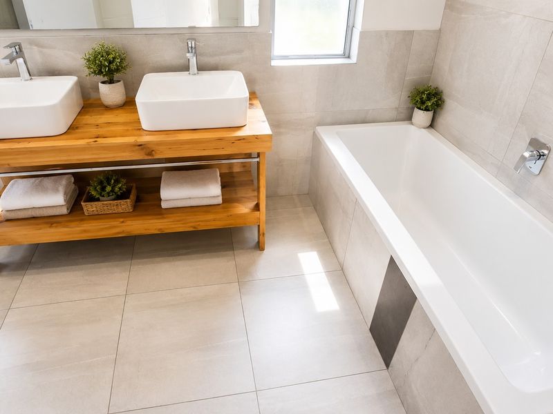 Modern bathroom featuring a double vanity with vessel sinks, a built-in bathtub, and contemporary neutral wall and floor tiling.
