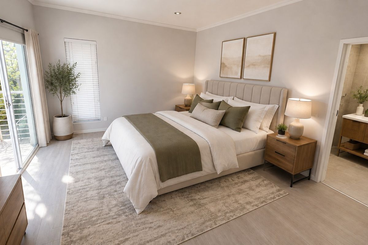 A well-appointed bedroom featuring light wood-look flooring, a sliding glass door to a balcony, and an adjoining en-suite bathroom with a modern vanity.
