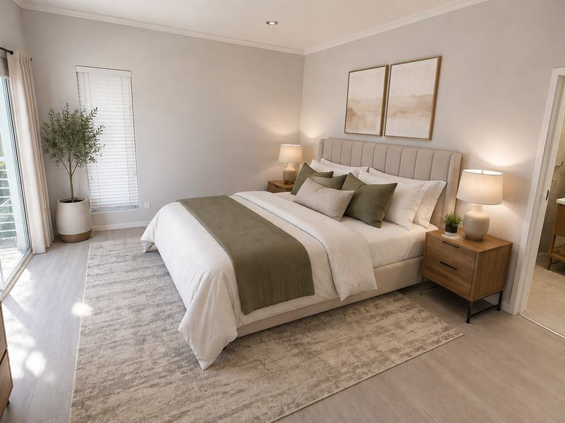 A well-appointed bedroom featuring light wood-look flooring, a sliding glass door to a balcony, and an adjoining en-suite bathroom with a modern vanity.