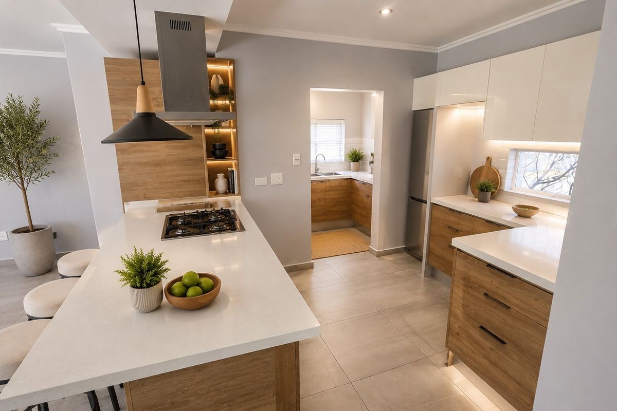 Modern kitchen featuring a central island with gas hob, sleek cabinetry, stone countertops, and an adjoining scullery area with neutral tiled flooring.