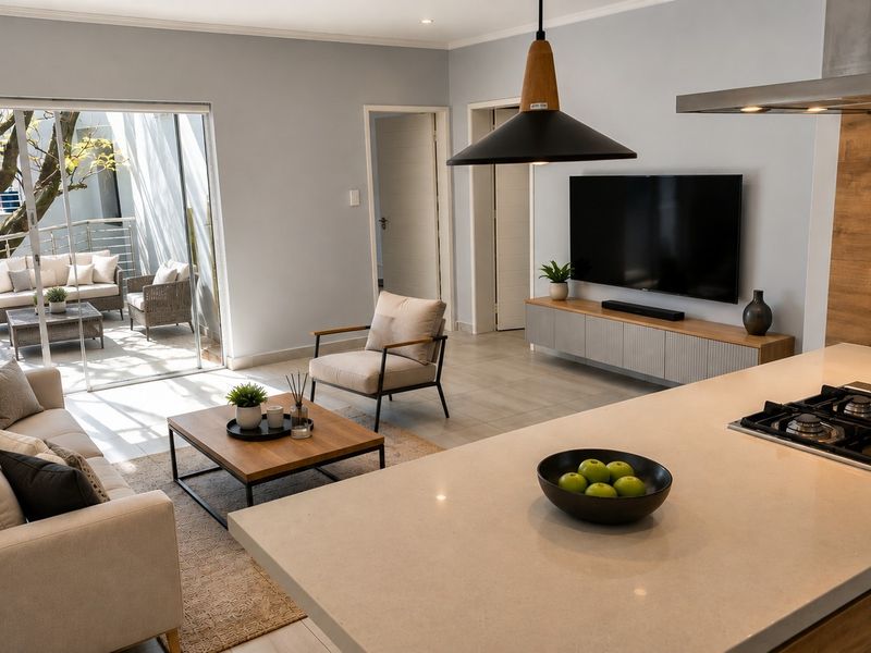 Modern open-plan living area featuring a sleek kitchen with stone island, gas hob, and seamless flow to an outdoor patio through large sliding doors.