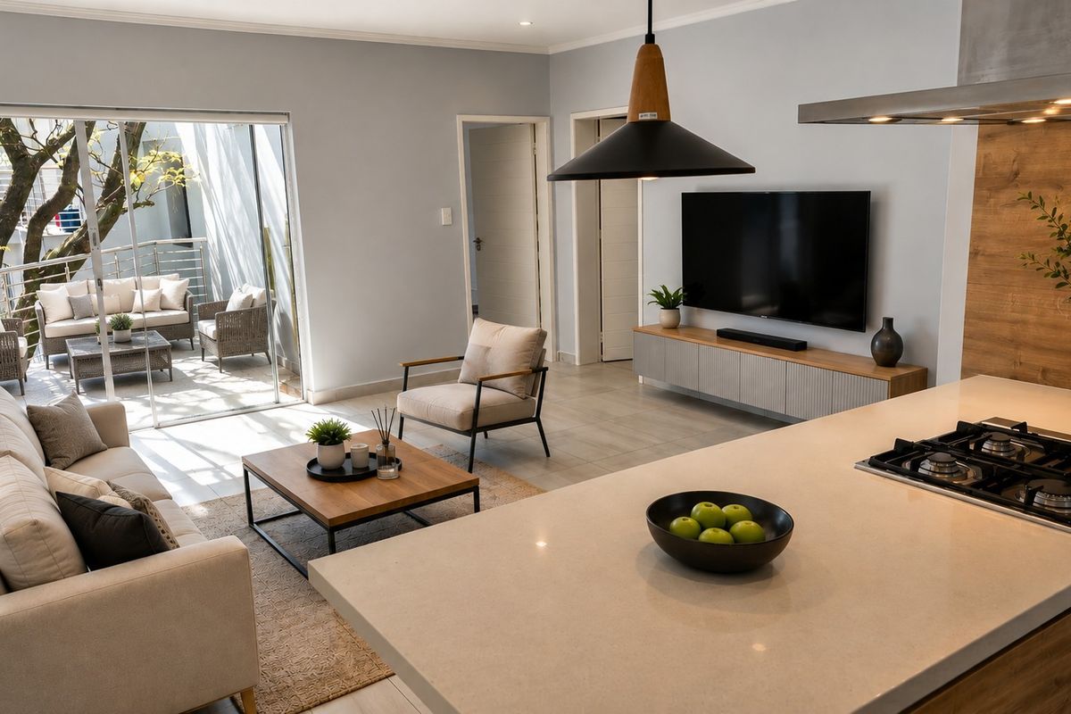 Modern open-plan living area featuring a sleek kitchen with stone island, gas hob, and seamless flow to an outdoor patio through large sliding doors.