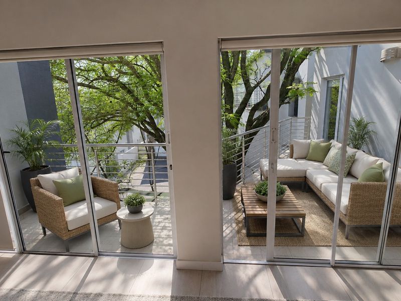 A well-maintained balcony featuring tiled flooring, stainless steel balustrades, and large sliding glass doors providing seamless indoor-outdoor flow.