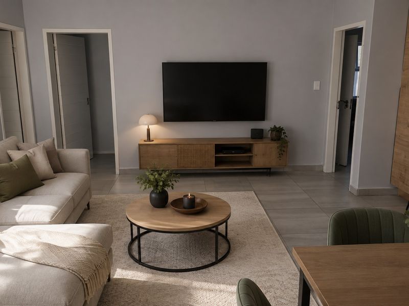 A modern open-plan living area featuring neutral tones, tiled flooring, and seamless integration between the lounge and kitchen spaces.