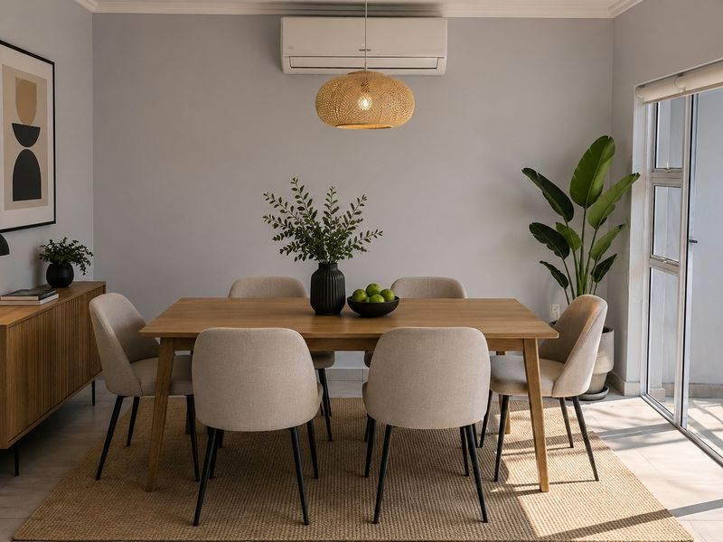 A bright and modern dining area featuring tiled flooring, a split-system air conditioner, and large sliding glass doors leading to an outdoor space.