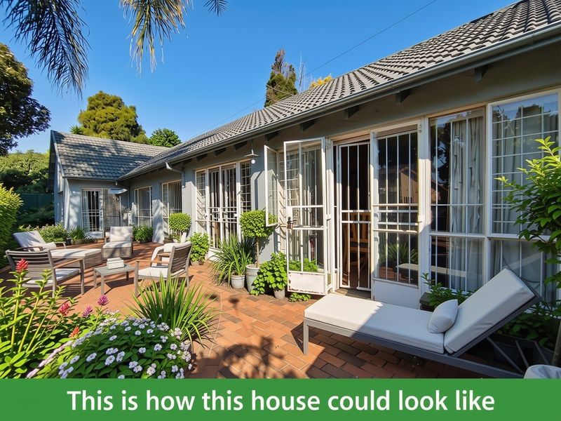A spacious brick-paved patio area featuring multiple sets of french doors with security gates, providing seamless indoor-outdoor flow.