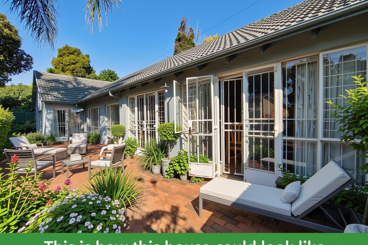 A spacious brick-paved patio area featuring multiple sets of french doors with security gates, providing seamless indoor-outdoor flow.