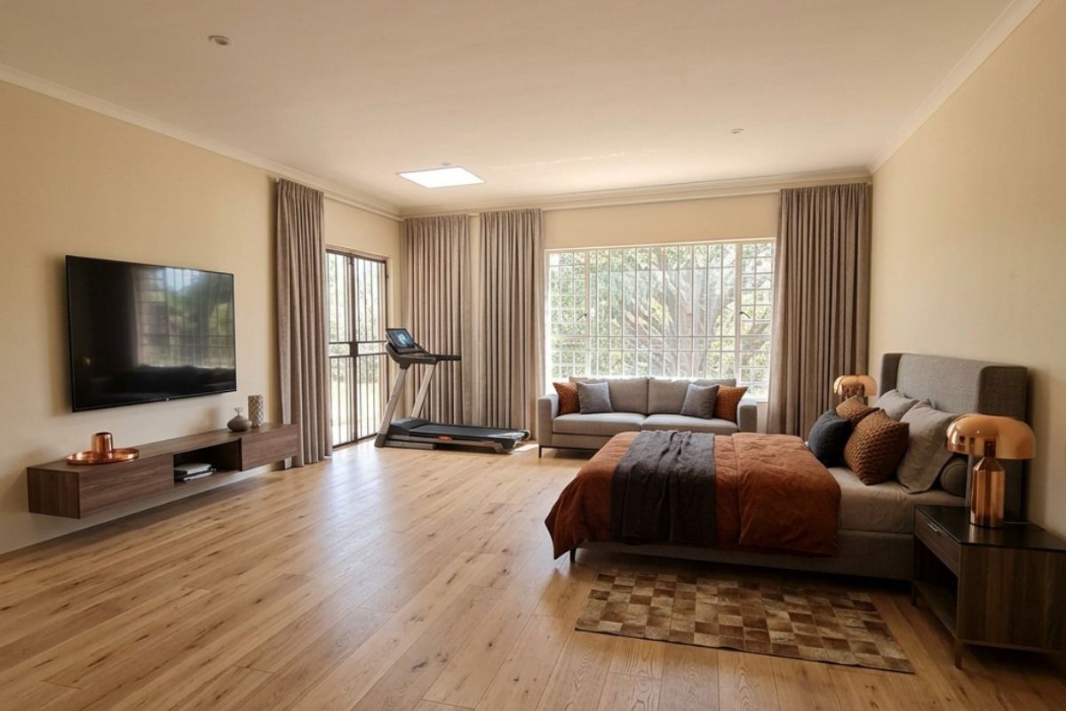 Spacious primary bedroom featuring light timber flooring, recessed lighting, a floating media console, and large windows providing ample natural light.