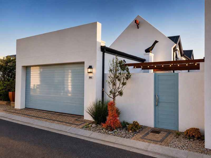 Modern townhouse facade featuring a clean white finish, a light blue sectional garage door, matching pedestrian gate, and a decorative timber pergola.