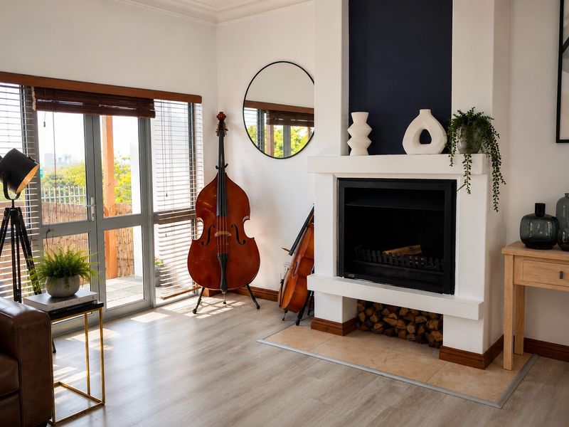A bright living room featuring a built-in fireplace with a tiled hearth, light laminate flooring, and large aluminium sliding doors leading to the outdoors.