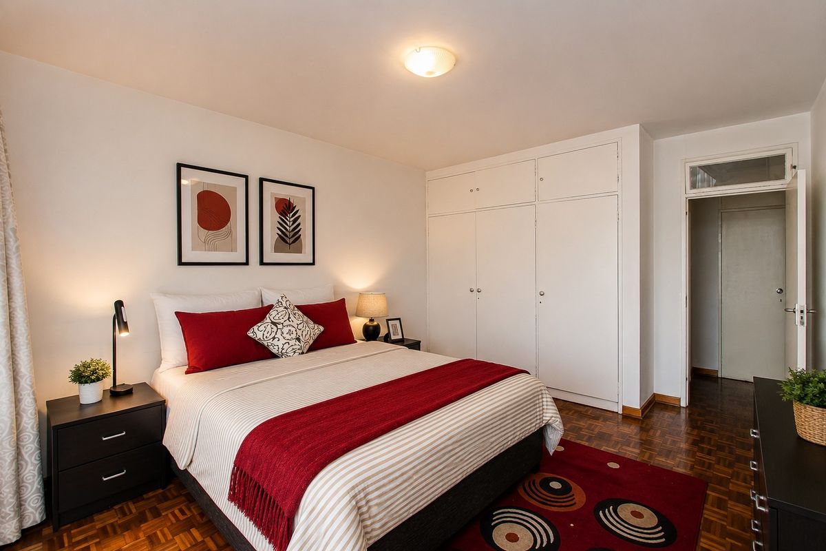A well-maintained bedroom featuring classic parquet flooring, ample built-in cupboard storage, and a bright, neutral interior layout.
