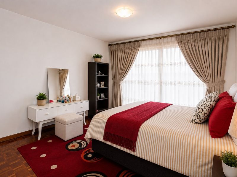 A well-maintained bedroom featuring warm parquet flooring, large sliding glass doors with curtains, and neutral wall finishes.