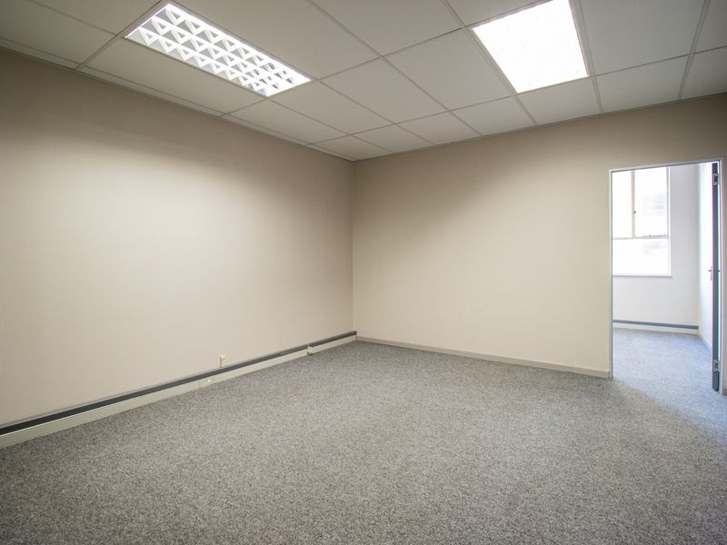 A clean, empty office space featuring neutral walls, grey carpet flooring, and a suspended ceiling with recessed lighting.