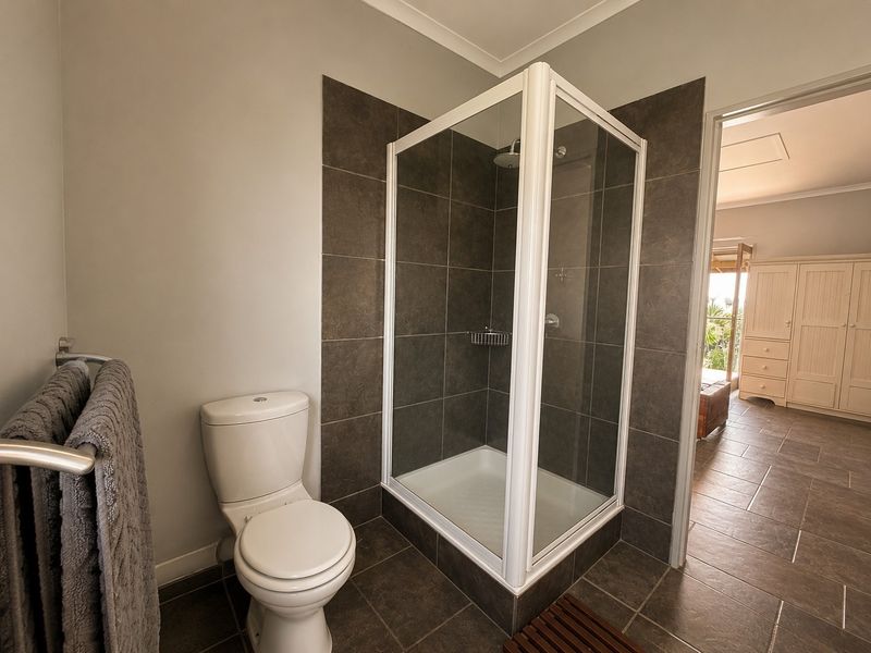 A clean and modern bathroom featuring a glass-enclosed shower with dark tiled walls, a white toilet, and matching floor tiles.