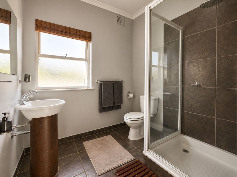 A modern bathroom featuring a pedestal washbasin, a toilet, and a glass-enclosed shower with dark tiled walls and flooring.