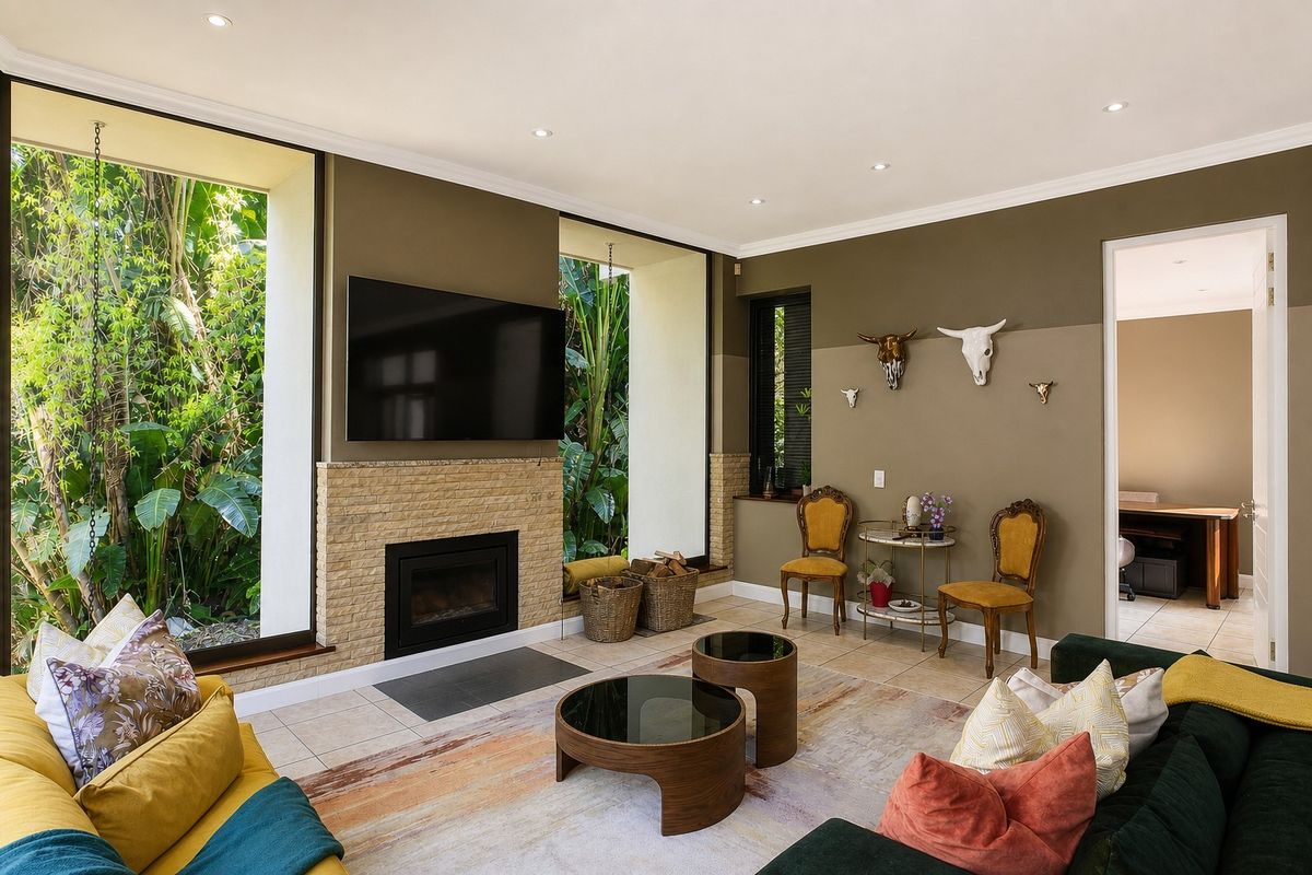 Spacious living room featuring a stone-surround fireplace, large floor-to-ceiling windows with garden views, and neutral tiled flooring.