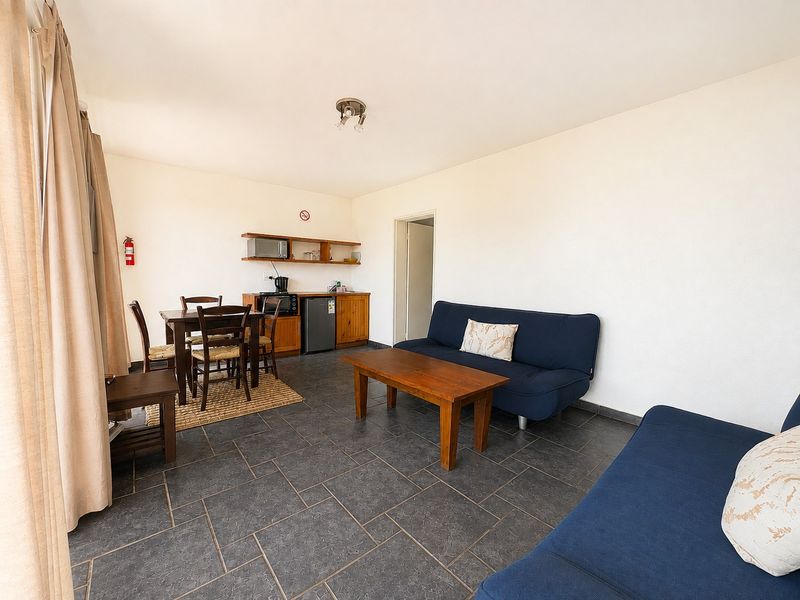 Open-plan living area featuring dark tiled flooring and a compact kitchenette with built-in cabinetry.