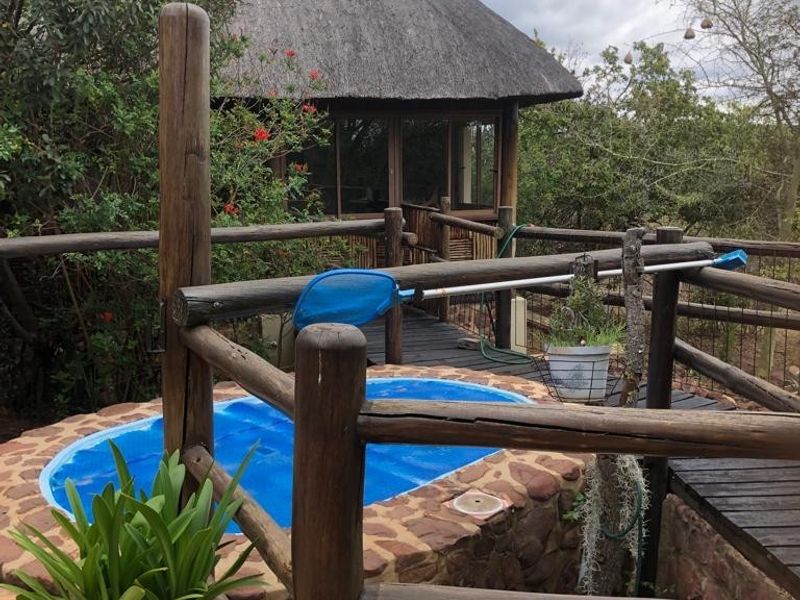 Outdoor pool area featuring a stone-clad plunge pool, timber decking, and rustic timber fencing, set against a thatched-roof structure.