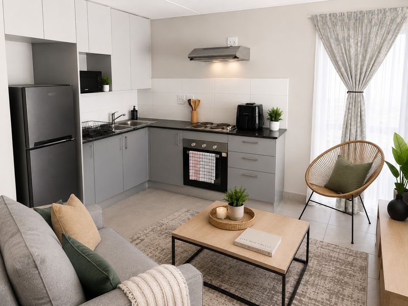 Modern open-plan apartment featuring a compact kitchen with grey cabinetry, dark countertops, built-in oven, and hob, seamlessly flowing into the living area.
